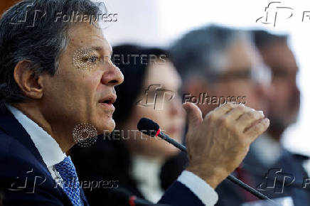 Brazil's Finance Minister Fernando Haddad attends a press conference along with Planning Minister Simone Tebet, at the Planalto Palace in Brasilia