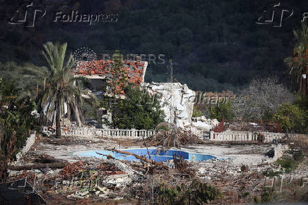 A view of a destroyed building in southern Lebanon as seen from Israel's side of the border with Lebanon