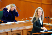 Greenlandic politician Aki-Matilda Hoeegh-Dam speaks in her native language, Greenlandic, as the Danish Parliament, for the first time, allows simultaneous interpretation during debates, in Copenhagen