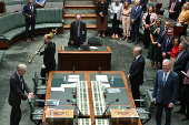 Australian Prime Minister Anthony Albanese reacts during the adjournment of the House of Representatives for 2024 at Parliament House in Canberra