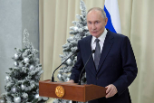 Russian President Putin attends a press conference in Leningrad region