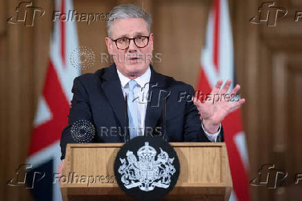 Britain's Prime Minister Sir Keir Starmer speaks during a press conference on migration at 10 Downing Street