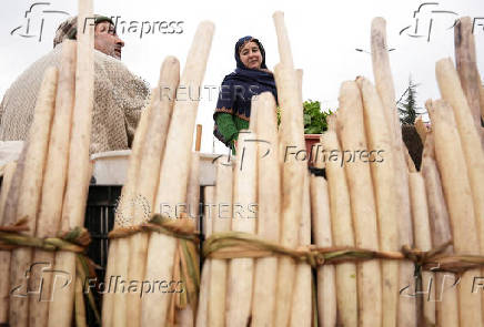 A Kashmiri man sells lotus stems, locally known as ?Nadur?, to a customer along the bank of the Nigeen Lake in Srinagar