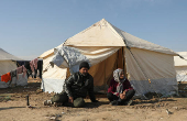 Displaced Yazidis Mohamed Nassro and Shafiqa Saeeda, who fled Aleppo countryside sit together in front of their tent in Tabqa