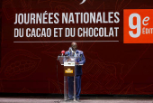 Ivorian Agriculture Minister Kobenan Adjoumani speaks during the ninth edition of the National Cocoa and Chocolate Days in Abidjan