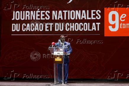 Ivorian Agriculture Minister Kobenan Adjoumani speaks during the ninth edition of the National Cocoa and Chocolate Days in Abidjan