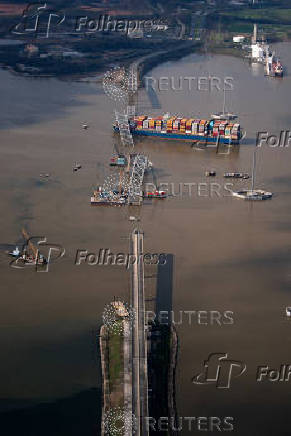 View of the Dali cargo vessel which crashed into the Francis Scott Key Bridge causing it to collapse in Baltimore