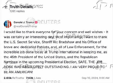 A screengrab shows Republican presidential nominee and former U.S. President Donald Trump's first post on his Truth Social account following what the FBI said was an apparent assassination attempt on Trump in Florida