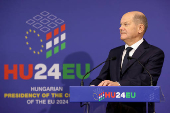 German Chancellor Olaf Scholz holds a press conference during an informal EU summit in Budapest