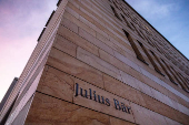 A logo is pictured on Swiss private bank Julius Baer building in Geneva