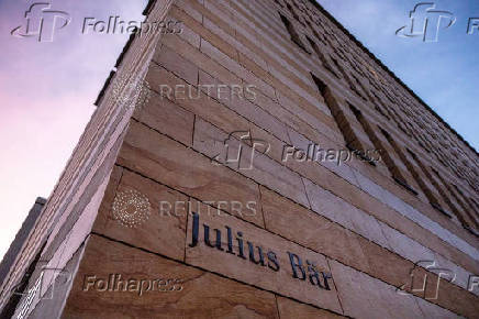 A logo is pictured on Swiss private bank Julius Baer building in Geneva