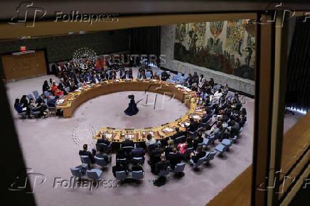 FILE PHOTO: Members of the United Nations Security Council vote on a Gaza resolution that demands an immediate ceasefire, in New York