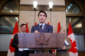 Canada's Prime Minister Justin Trudeau takes part in a press conference on Parliament Hill in Ottawa