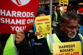 Harrods staff strike for Christmas bonus and better conditions.