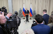 Russian President Putin attends a press conference in Leningrad region