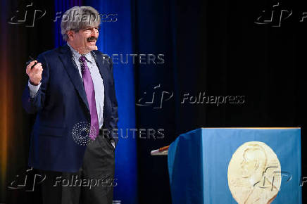 Nobel laureate in Physiology or Medicine Gary Ruvkun speaks during this year's Nobel Prize lecture in medicine at the Karolinska Institutet in Solna