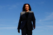 Democratic presidential nominee U.S. Vice President Kamala Harris boards Air Force Two to depart for Michigan