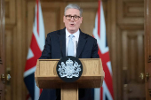 Britain's Prime Minister Sir Keir Starmer speaks during a press conference on migration at 10 Downing Street