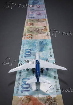  Avio de brinquedo e pista com notas de dinheiros