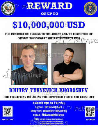 A wanted poster released by law enforcement shows a reward for an alleged member of the cybercrime gang LockBit, Dmitry Yuryevich Khroroshev