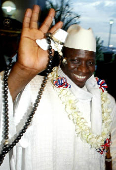 FILE PHOTO: Former Gambia President Yahya Jammeh waves during his arrival in Manila. in 2005