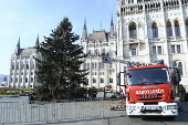 Christmas tree installed at the parliament building in Budapest