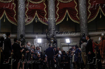 Speaker of the House Mike Johnson (R-LA) speaks to the media after the Senate dismissed the House Republican impeachment charges against Homeland Security Secretary Alejandro Mayorkas in Washington