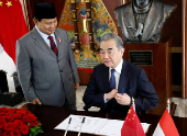 Chinese foreign minister Wang Yi meets Indonesia?s Defence Minister and President-elect Prabowo Subianto in Jakarta