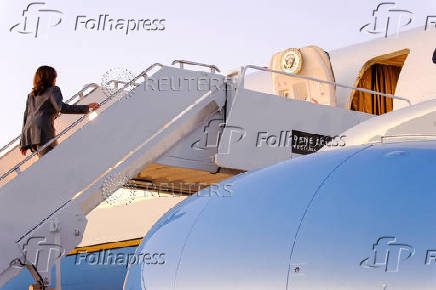 Democratic presidential nominee and U.S. Vice President Kamala Harris leaves after a campaign event in Madison