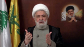 Lebanon's Hezbollah leader Sheikh Naim Qassem delivers an address from an unknown location