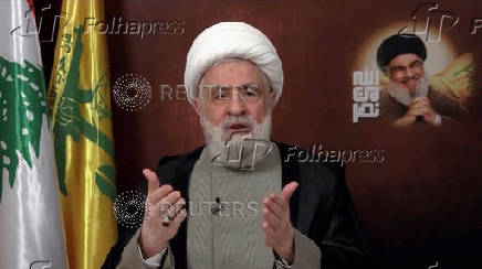 Lebanon's Hezbollah leader Sheikh Naim Qassem delivers an address from an unknown location