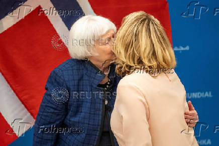 U.S. Secretary of the Treasury Janet Yellen greets Germany's Federal Minister for Economic Cooperation and Development Svenja Schulze