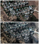 Combination picture shows satellite views of Camarillo Estates before and after the Mountain Fire