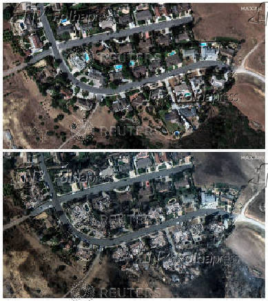 Combination picture shows satellite views of Camarillo Estates before and after the Mountain Fire