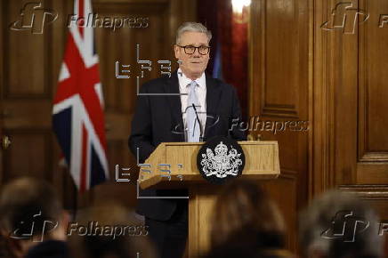 British Prime Minister Starmer holds press conference on migration in London