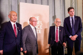 Terumi Tanaka, Shigemitsu Tanaka and Toshiyuki Mimaki, the representatives of 2024 Nobel Peace Prize winner Nihon Hidankyo, and Chair of the Norwegian Nobel Committee Jorgen Watne Frydnes meet the press at the Norwegian Nobel Institute in Oslo