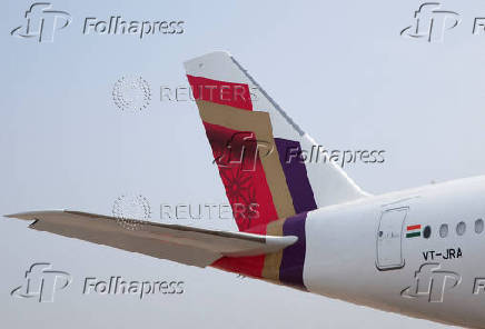 FILE PHOTO: A general view of the new livery of the Air India Airbus A350 aeroplane, displayed at Wings India 2024 aviation event at Begumpet airport, Hyderabad