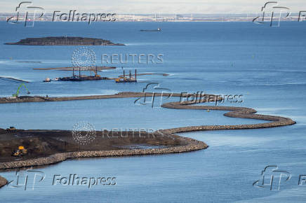 The construction of Lynetteholmen, a planned artificial peninsula, is seen from Copenhill in Copenhagen