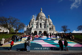 The Sacre-Coeur Basilica stairs with Paris 2024 design
