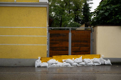 A view shows a barricaded door to prevent flood water after heavy rainfalls in Perg