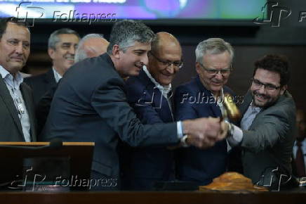 Governador Geraldo Alckmin durante leilo de concesso das linhas 5-Lils e 17-Ouro (SP)