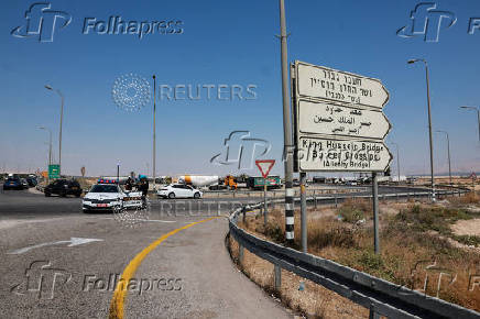 Israeli police patrol the area near Allenby Bridge Crossing between the West Bank and Jordan following a shooting incident at the crossing in the Israeli-occupied West Bank