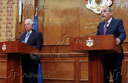 Jordan's Foreign Minister Ayman Safadi speaks during a joint news conference with the Eu's High Representative for Foreign And Security Policy, Josep Borrell, in Amman