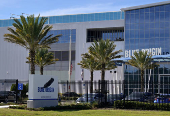 The Blue Origin manufacturing facility is shown in an aerial view at the Kennedy Space Center