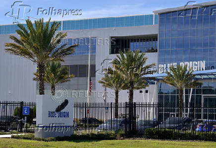 The Blue Origin manufacturing facility is shown in an aerial view at the Kennedy Space Center