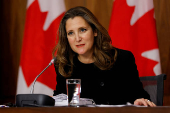 FILE PHOTO: Canada's Finance Minister Chrystia Freeland speaks to news media in Ottawa