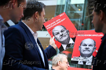 German Chancellor Scholz holds his first campaign speech at an 'election victory' conference of the SPD, in Berlin