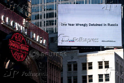 One year since Gershkovich's arrest, a billboard seen in Times Square, New York City