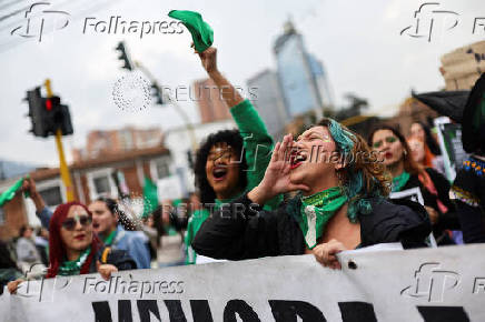 Demonstrators take part in a rally to mark International Safe Abortion Day, in Bogota