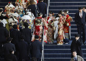 Youth including Kimono-clad women gather at the venue for their Coming of Age Day celebration ceremony in Yokohama